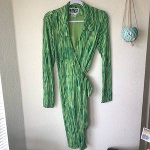 Diane Von Furstenberg Green Striped Wrap Midi Dress
